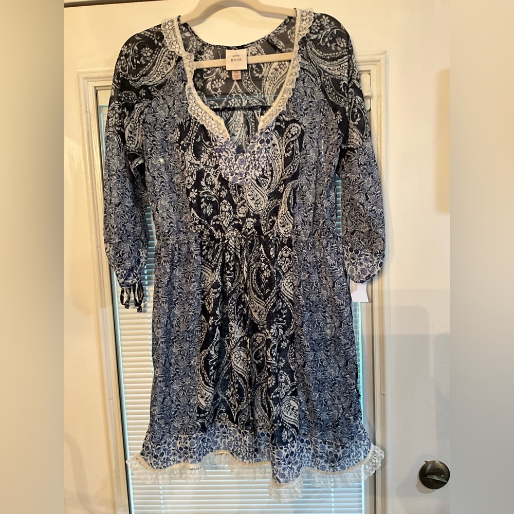 Knox Rose Navy and White Paisley Sheer Dress or Tunic with Lace Trim